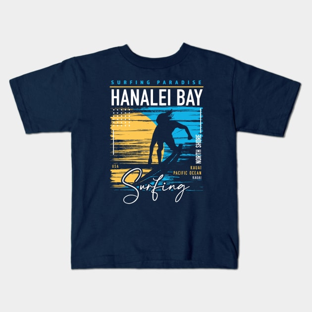 Retro Hanalei Bay Hawaii Surfing // Surfers Paradise // Surf Hawaii Kids T-Shirt by SLAG_Creative